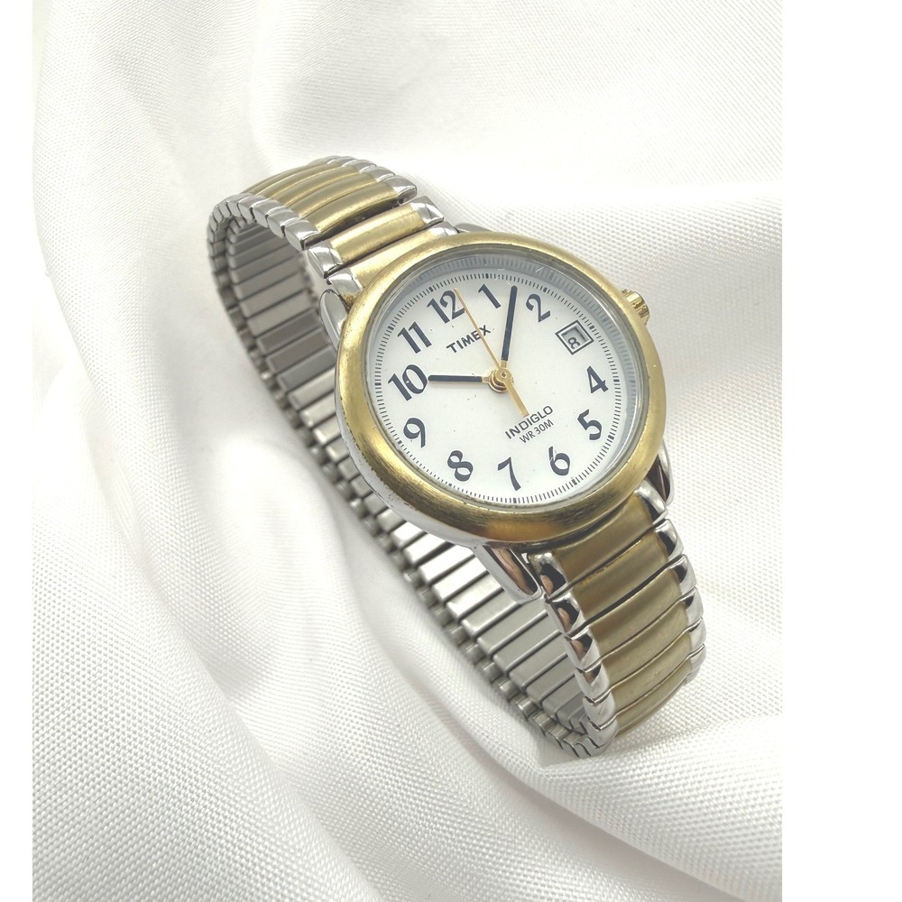 Womens Timex Indiglo WR 30M Gold Silver Tone Expansion Band Date Analog Watch